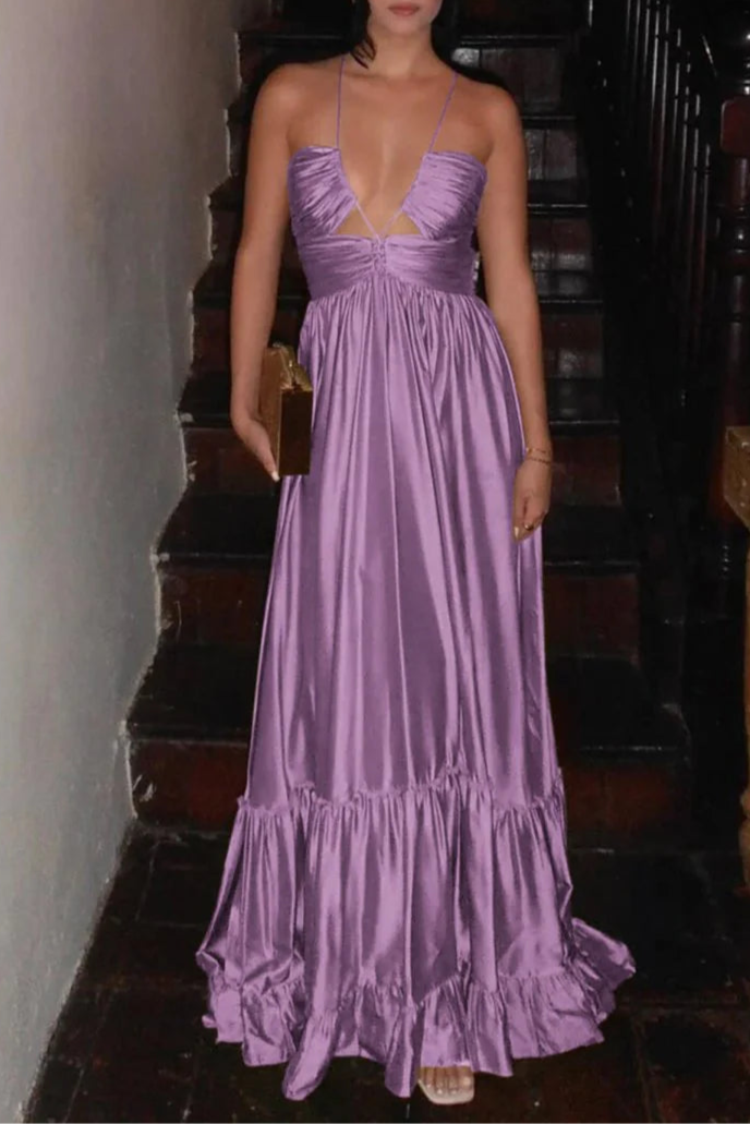 Peacock Satin Criss-cross Ruched Spaghetti Straps Halter Sleeveless A-line Long Evening Dress