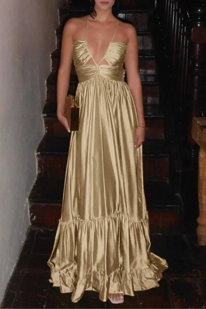 Peacock Satin Criss-cross Ruched Spaghetti Straps Halter Sleeveless A-line Long Evening Dress