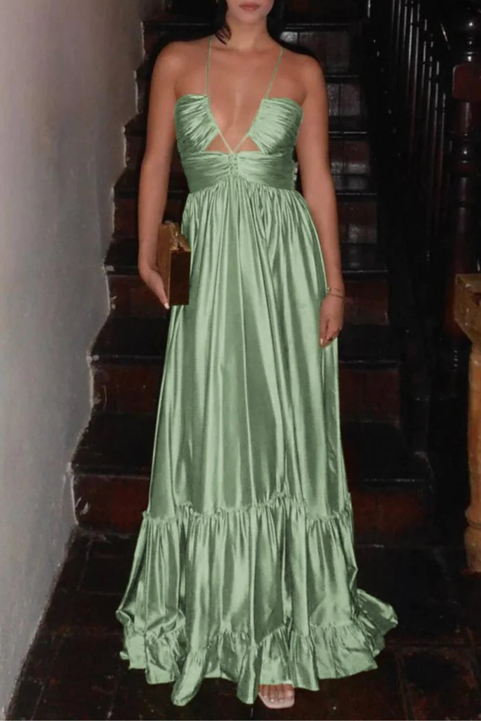 Peacock Satin Criss-cross Ruched Spaghetti Straps Halter Sleeveless A-line Long Evening Dress