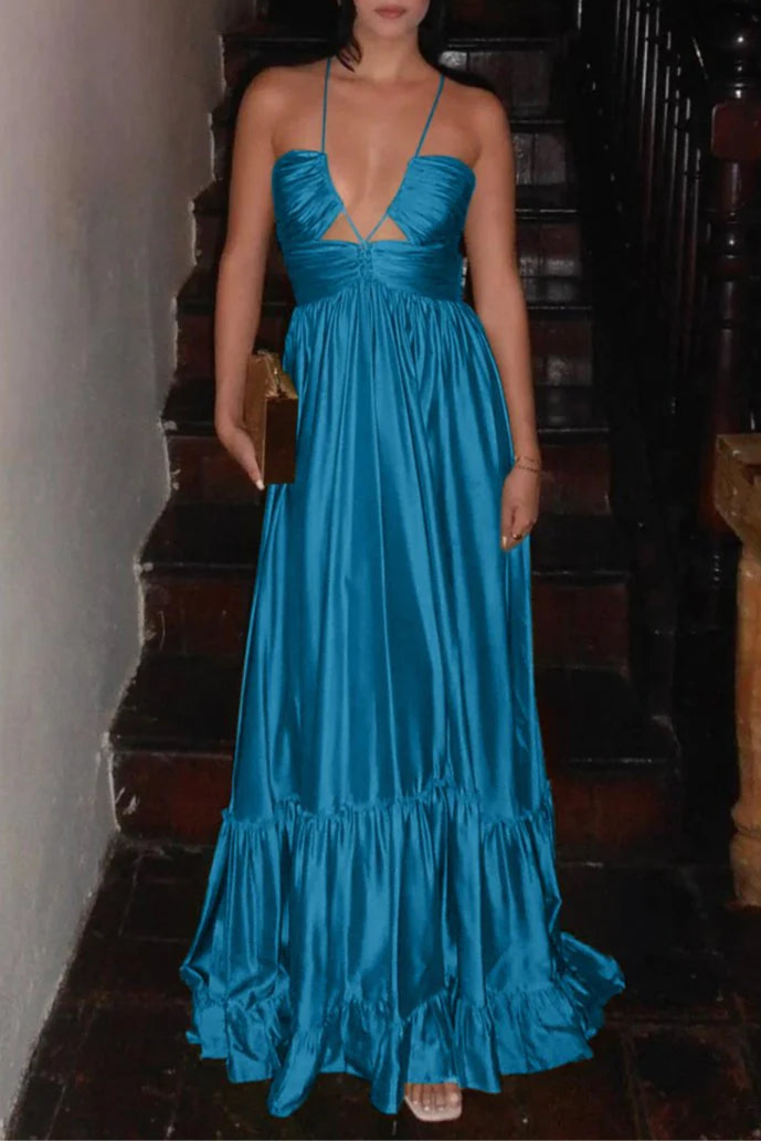 Peacock Satin Criss-cross Ruched Spaghetti Straps Halter Sleeveless A-line Long Evening Dress