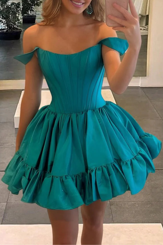 Peacock Satin Pleated Off The Shoulder A Line Open Back Corset Ruffles Short Homecoming Dress