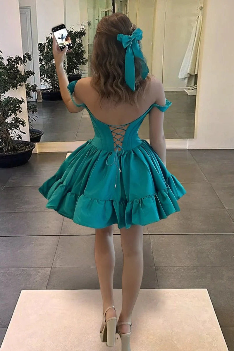 Peacock Satin Pleated Off The Shoulder A Line Open Back Corset Ruffles Short Homecoming Dress