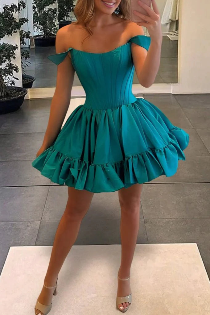 Peacock Satin Pleated Off The Shoulder A Line Open Back Corset Ruffles Short Homecoming Dress