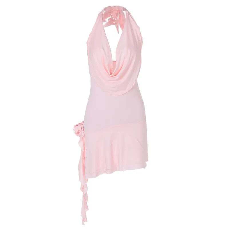 Back view of a woman wearing a pink halter cowl neck bodycon mini dress, showcasing the elegant silhouette.
