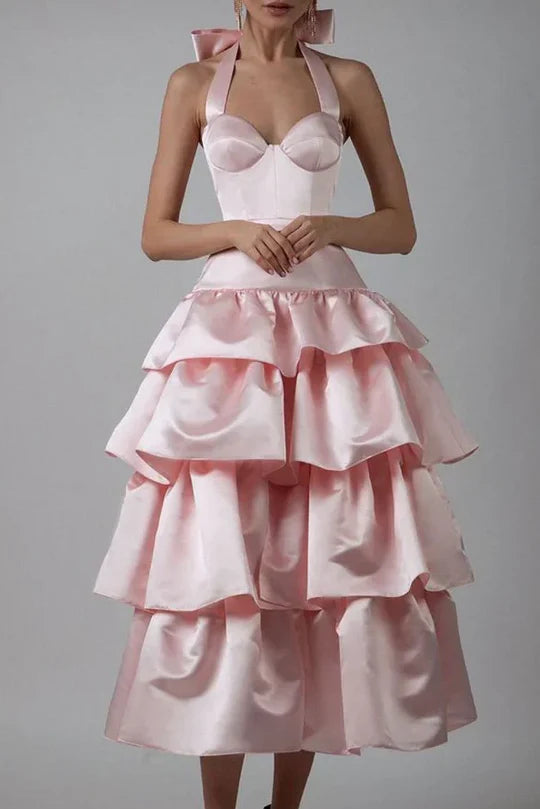 Pink Satin A-Line Halter Tiered Sleeveless Empire-Waist With Bow Prom Dresses