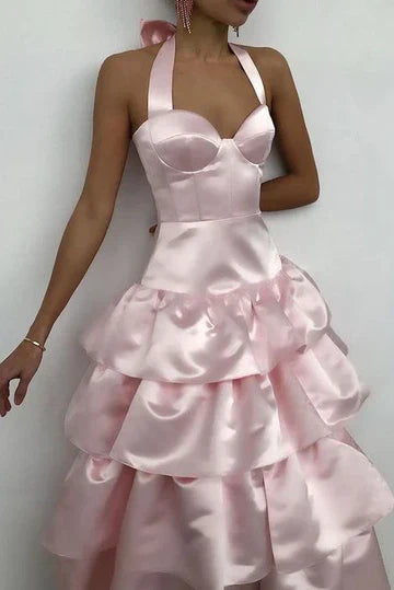 Pink Satin A-Line Halter Tiered Sleeveless Empire-Waist With Bow Prom Dresses