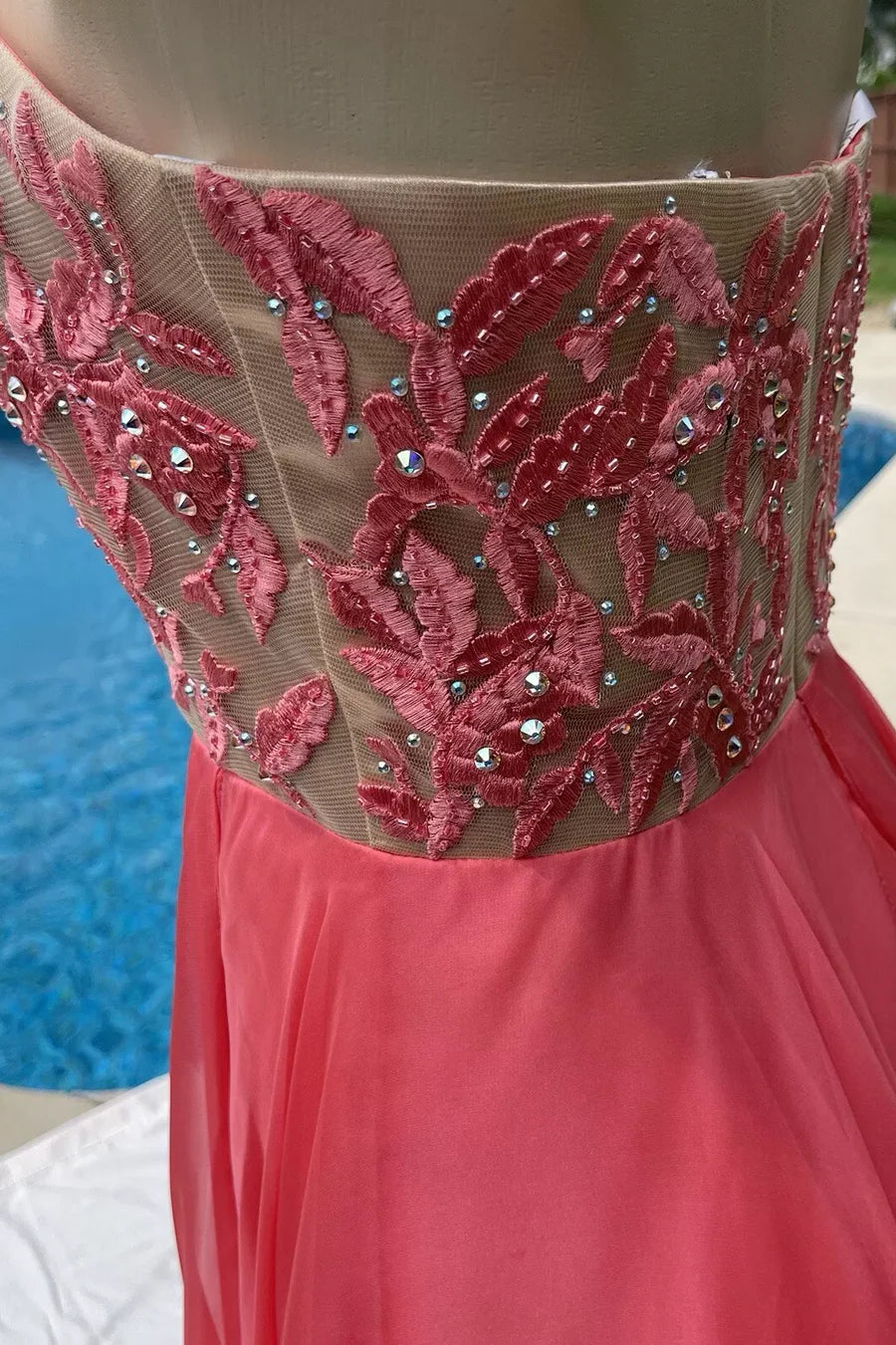 Pink A-Line Strapless Sweetheart Beads Pleated Chiffon Long Prom Dress