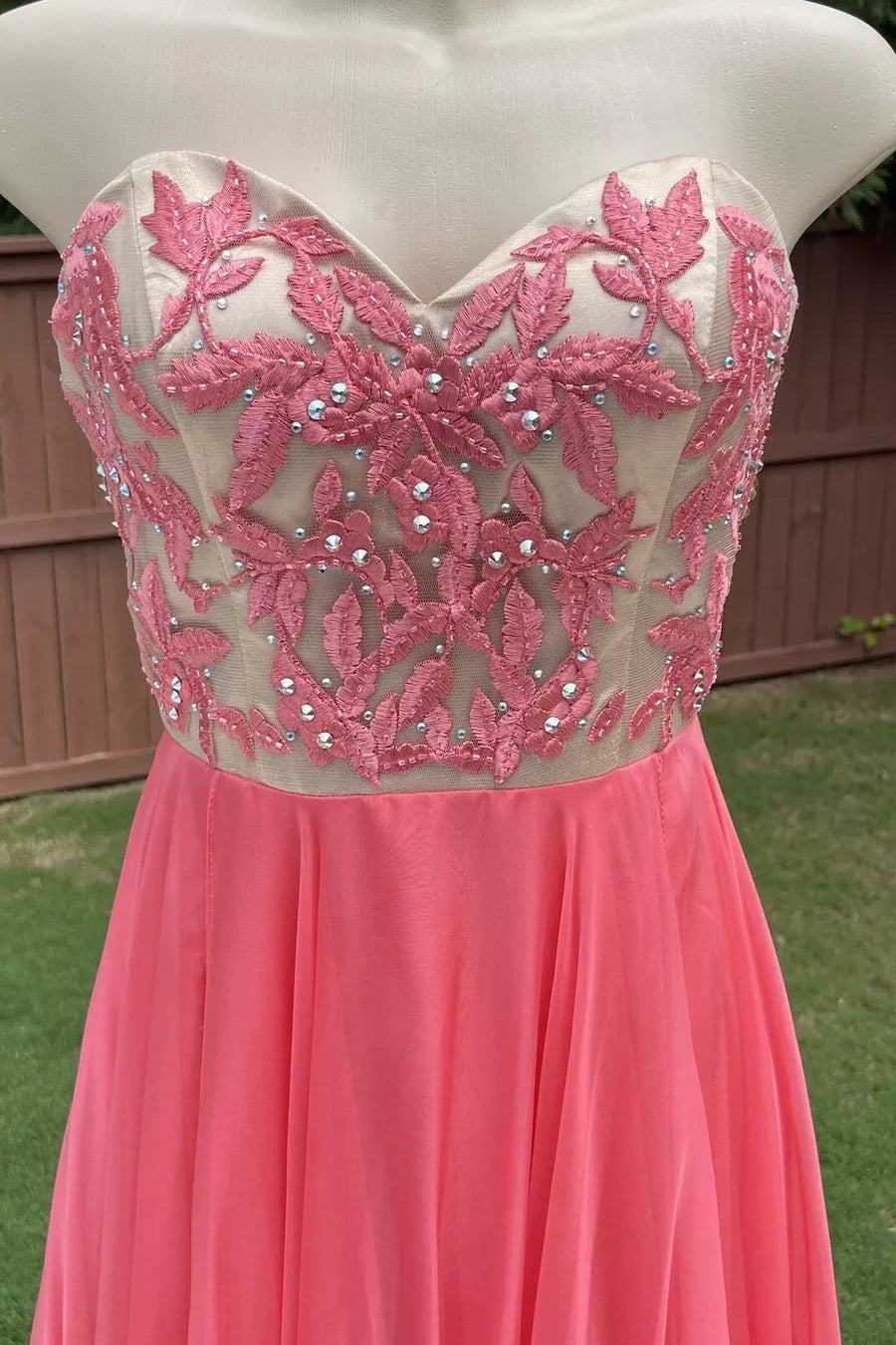 Pink A-Line Strapless Sweetheart Beads Pleated Chiffon Long Prom Dress