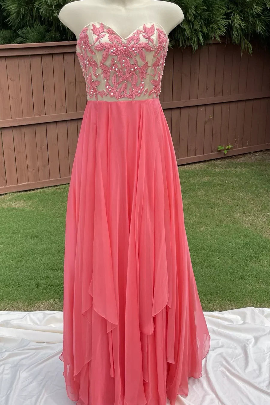 Pink A-Line Strapless Sweetheart Beads Pleated Chiffon Long Prom Dress