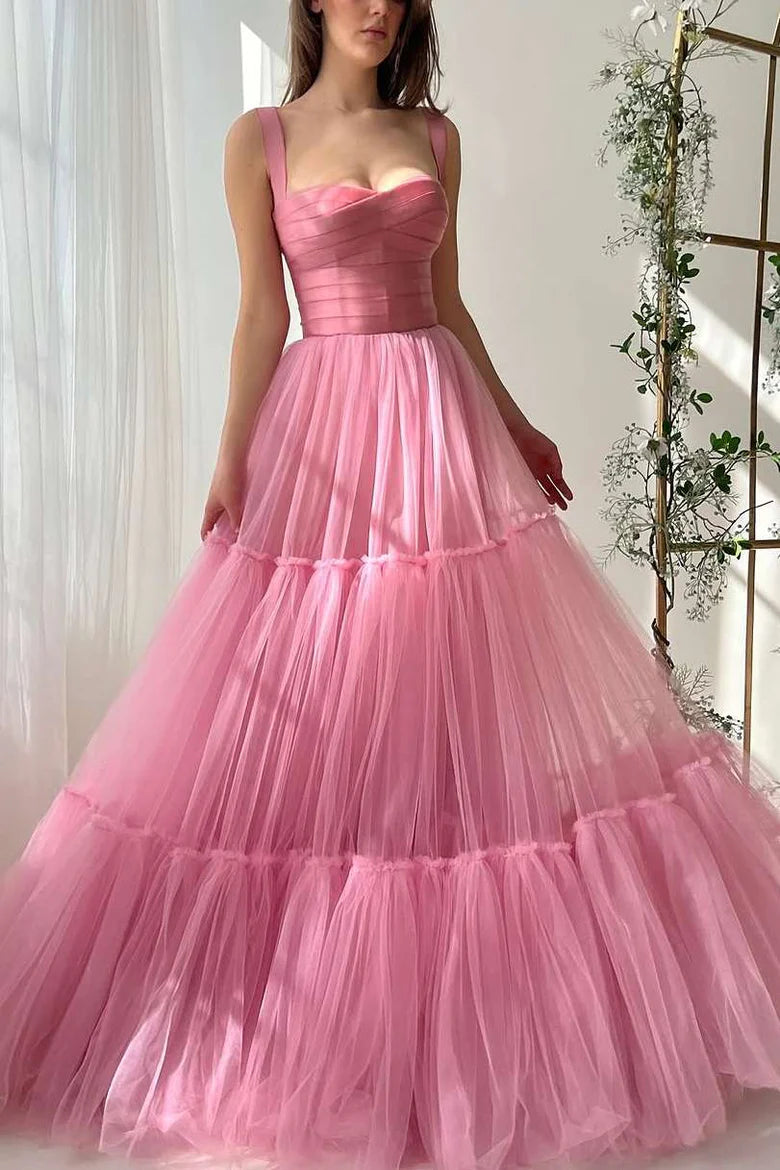 Pink A-Line Straps Empire-Waist Sleeveless Tulle Long Prom Dress