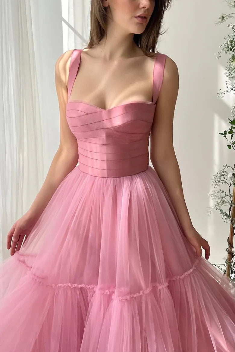 Pink A-Line Straps Empire-Waist Sleeveless Tulle Long Prom Dress