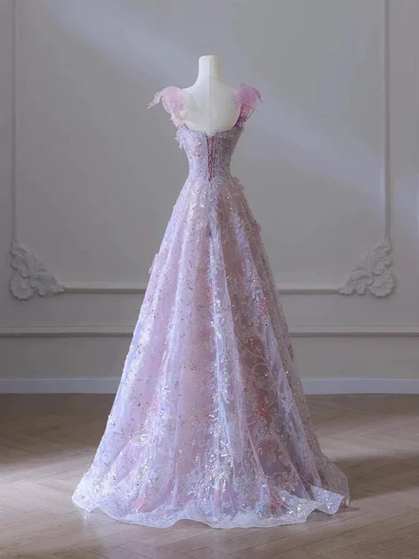 Pink A-line Floral Tulle and Lace Straps Long Party Dress Prom Dress Evening Dress