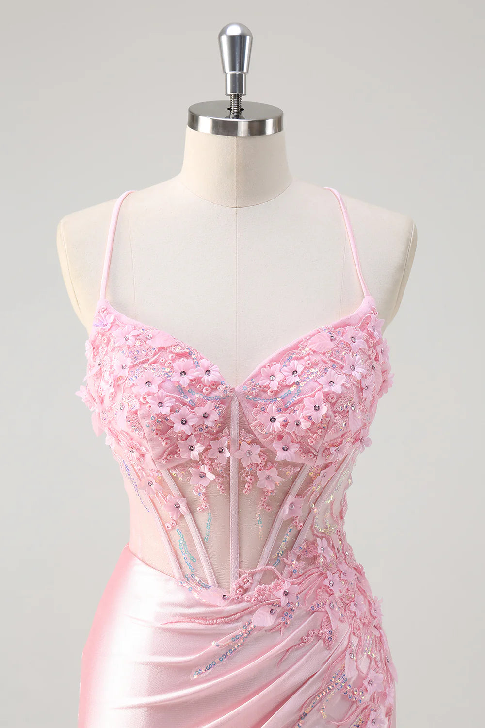 Pink Applique Spaghetti Straps Mermaid Corset Floral Prom Dress with Slit
