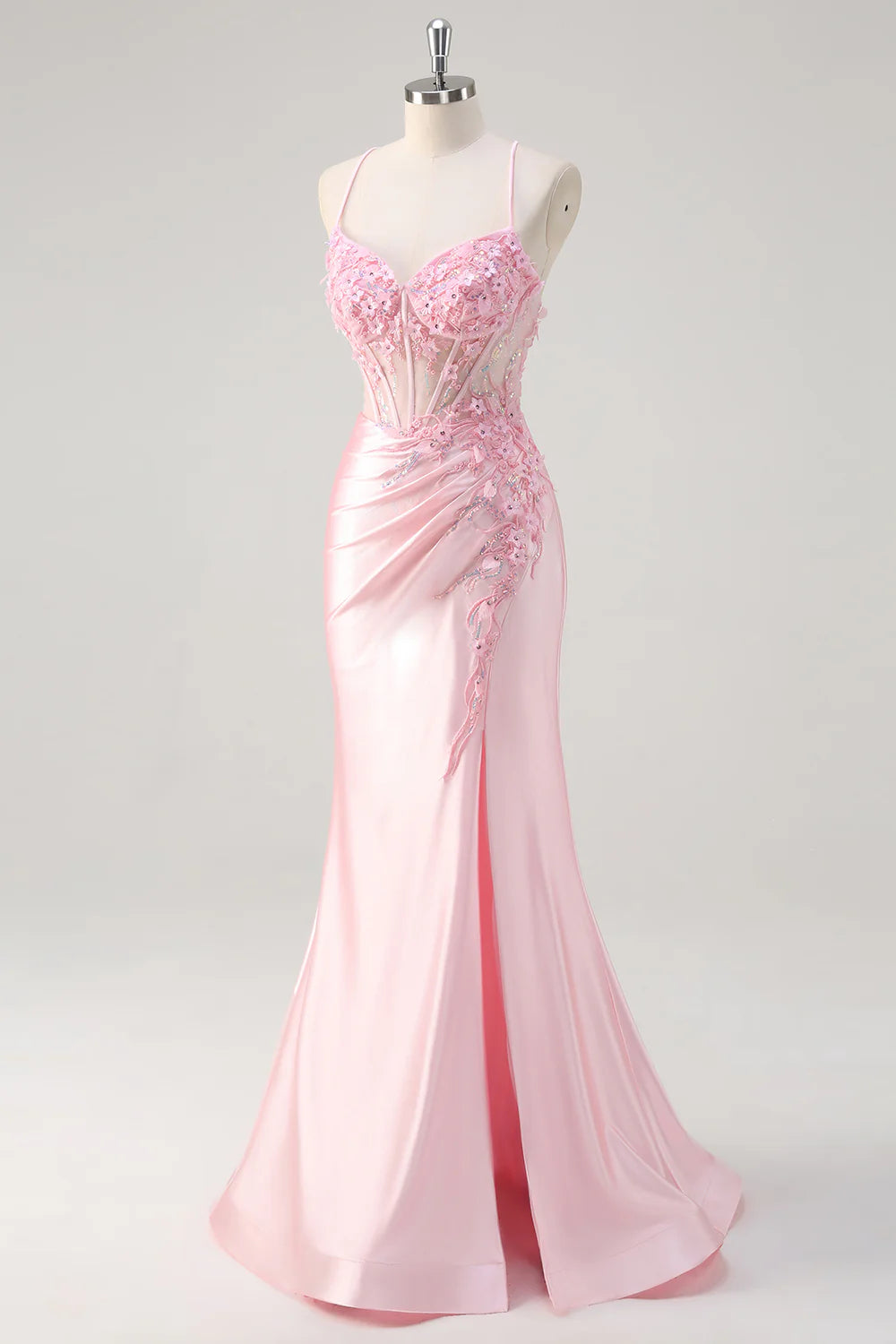 Pink Applique Spaghetti Straps Mermaid Corset Floral Prom Dress with Slit