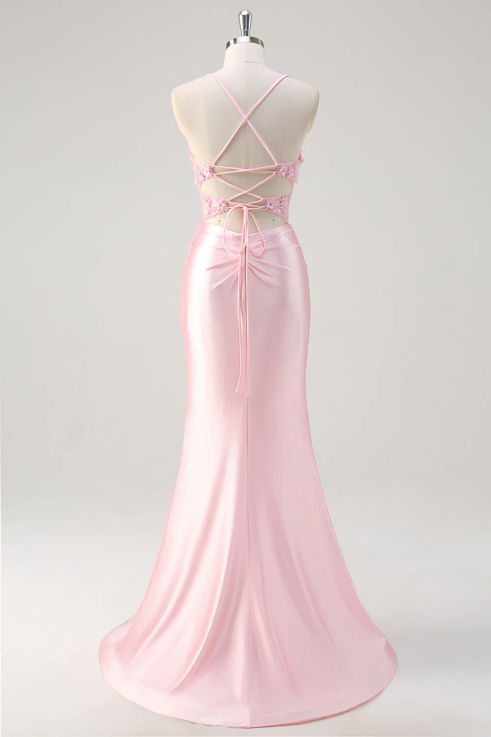 Pink Applique Spaghetti Straps Mermaid Corset Floral Prom Dress with Slit