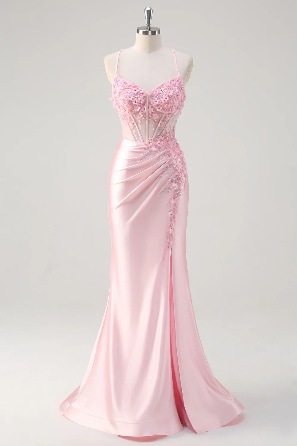 Pink Applique Spaghetti Straps Mermaid Corset Floral Prom Dress with Slit