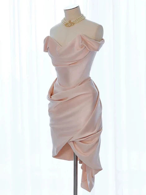 Pink Asymmetrical High Low Sweetheart Off Shoulder Satin Party Dress Homecoming Dress
