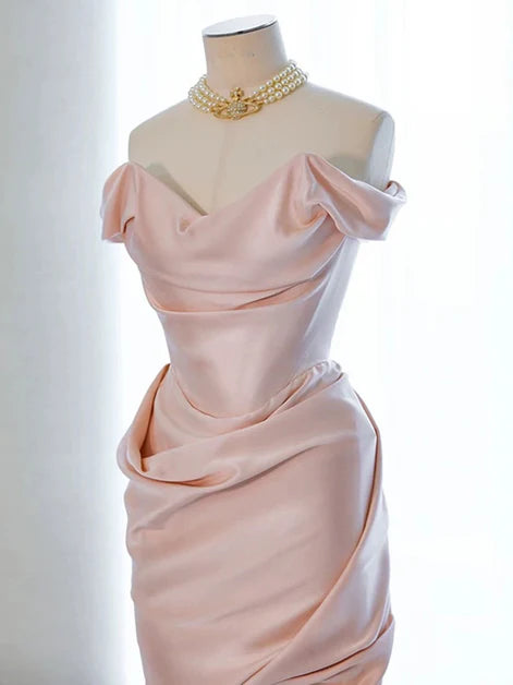 Pink Asymmetrical High Low Sweetheart Off Shoulder Satin Party Dress Homecoming Dress