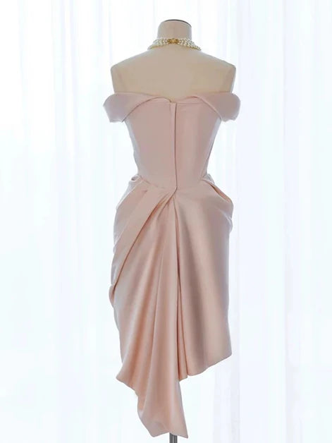 Pink Asymmetrical High Low Sweetheart Off Shoulder Satin Party Dress Homecoming Dress