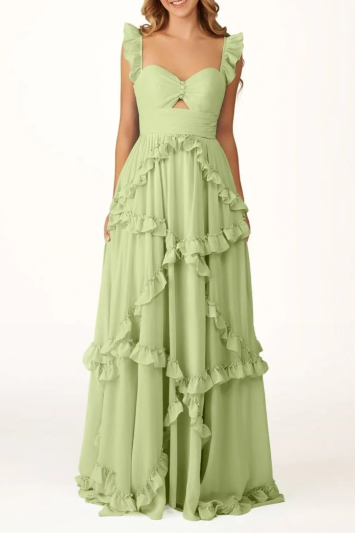 Pink Chiffon Cut Out A-Line Straps Ruffles Long Sweep Train Prom Dress Discount Long Party Dresses