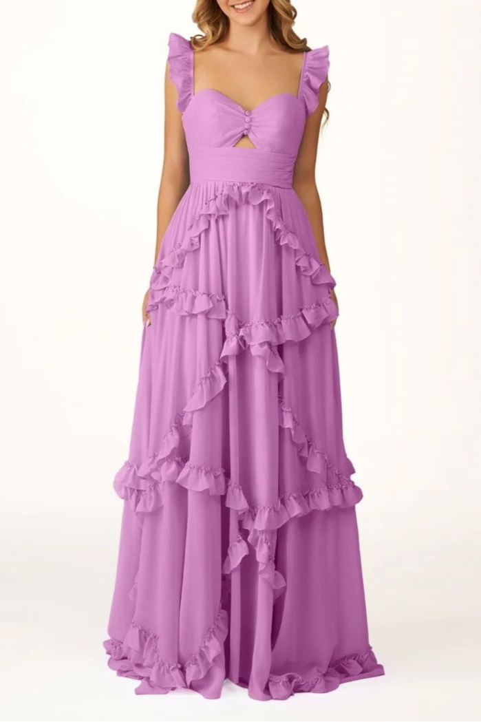 Pink Chiffon Cut Out A-Line Straps Ruffles Long Sweep Train Prom Dress Discount Long Party Dresses