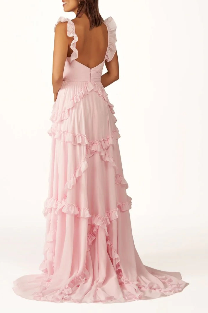 Pink Chiffon Cut Out A-Line Straps Ruffles Long Sweep Train Prom Dress Discount Long Party Dresses
