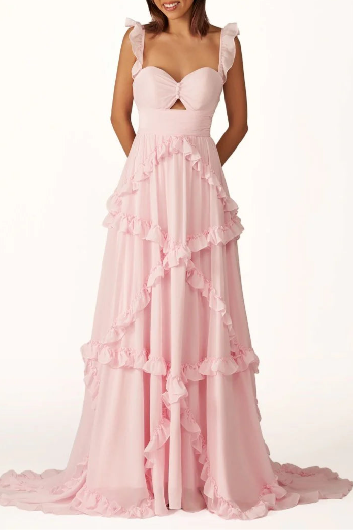 Pink Chiffon Cut Out A-Line Straps Ruffles Long Sweep Train Prom Dress Discount Long Party Dresses