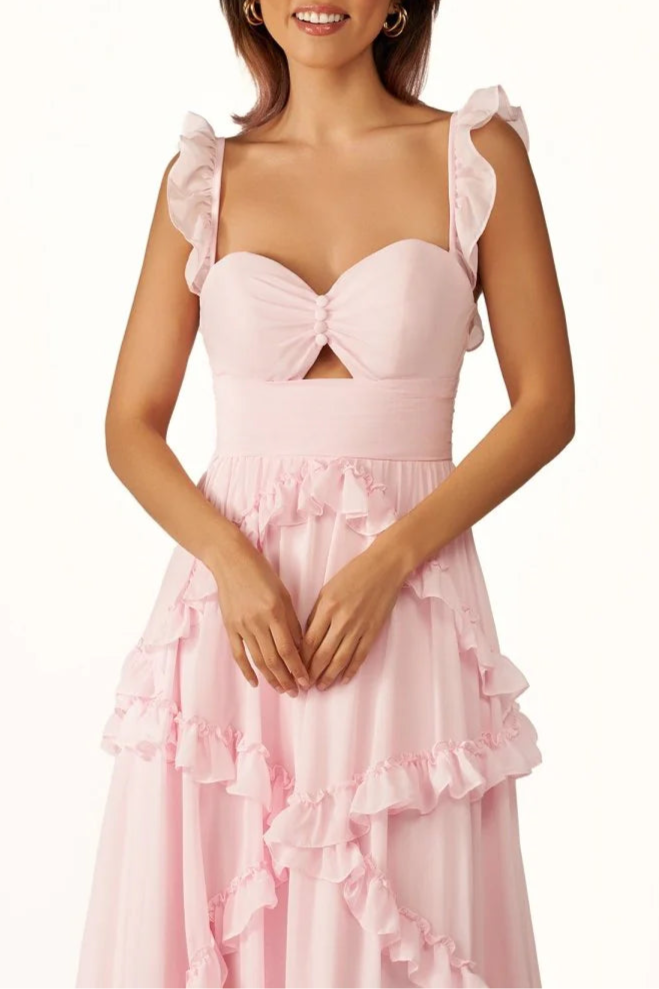 Pink Chiffon Cut Out A-Line Straps Ruffles Long Sweep Train Prom Dress Discount Long Party Dresses