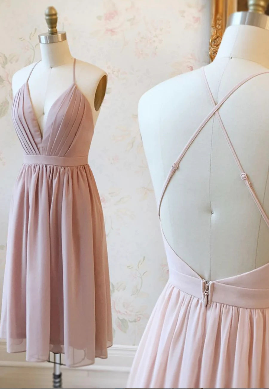 Pink Chiffon Deep V-Neck Cross Straps Prom Dresses A-Line Backless Short Homecoming Dresses