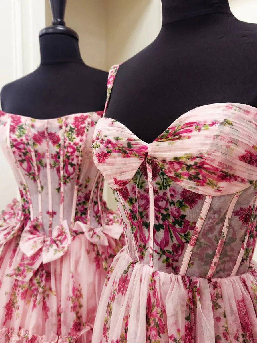 Pink Chiffon Floral Printed Sweetheart Collar BodyCon Corset A Line Long Prom Dress With Bow
