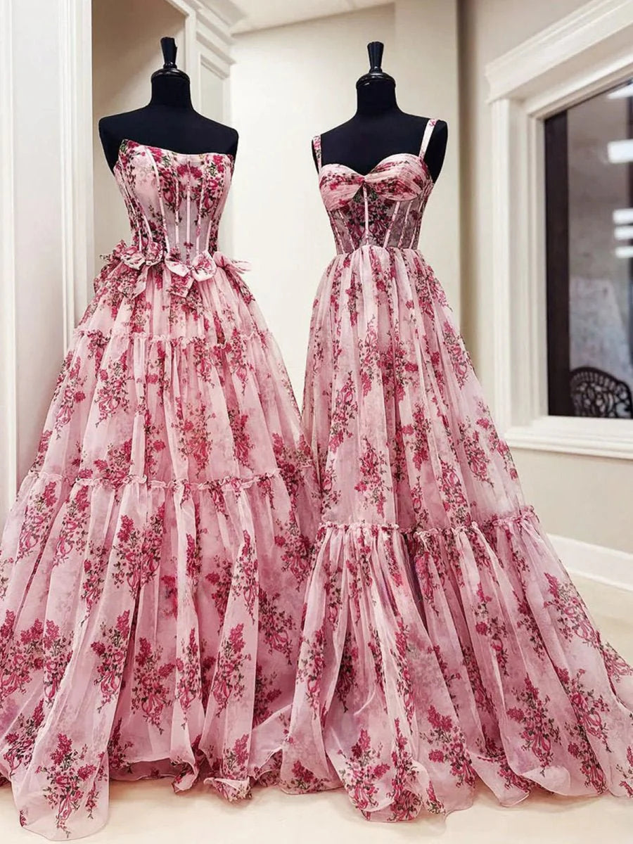 Pink Chiffon Floral Printed Sweetheart Collar BodyCon Corset A Line Long Prom Dress With Bow