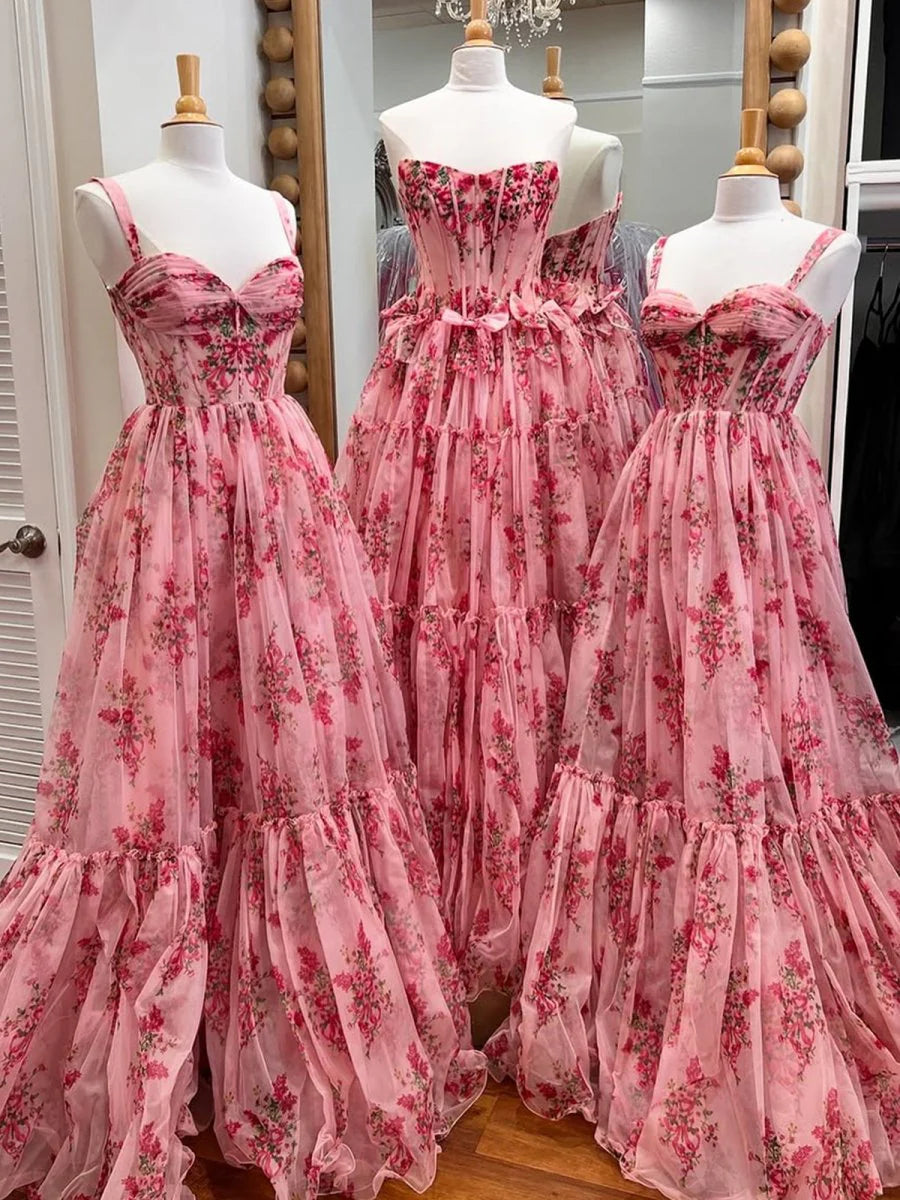Pink Chiffon Floral Printed Sweetheart Collar BodyCon Corset A Line Long Prom Dress With Bow