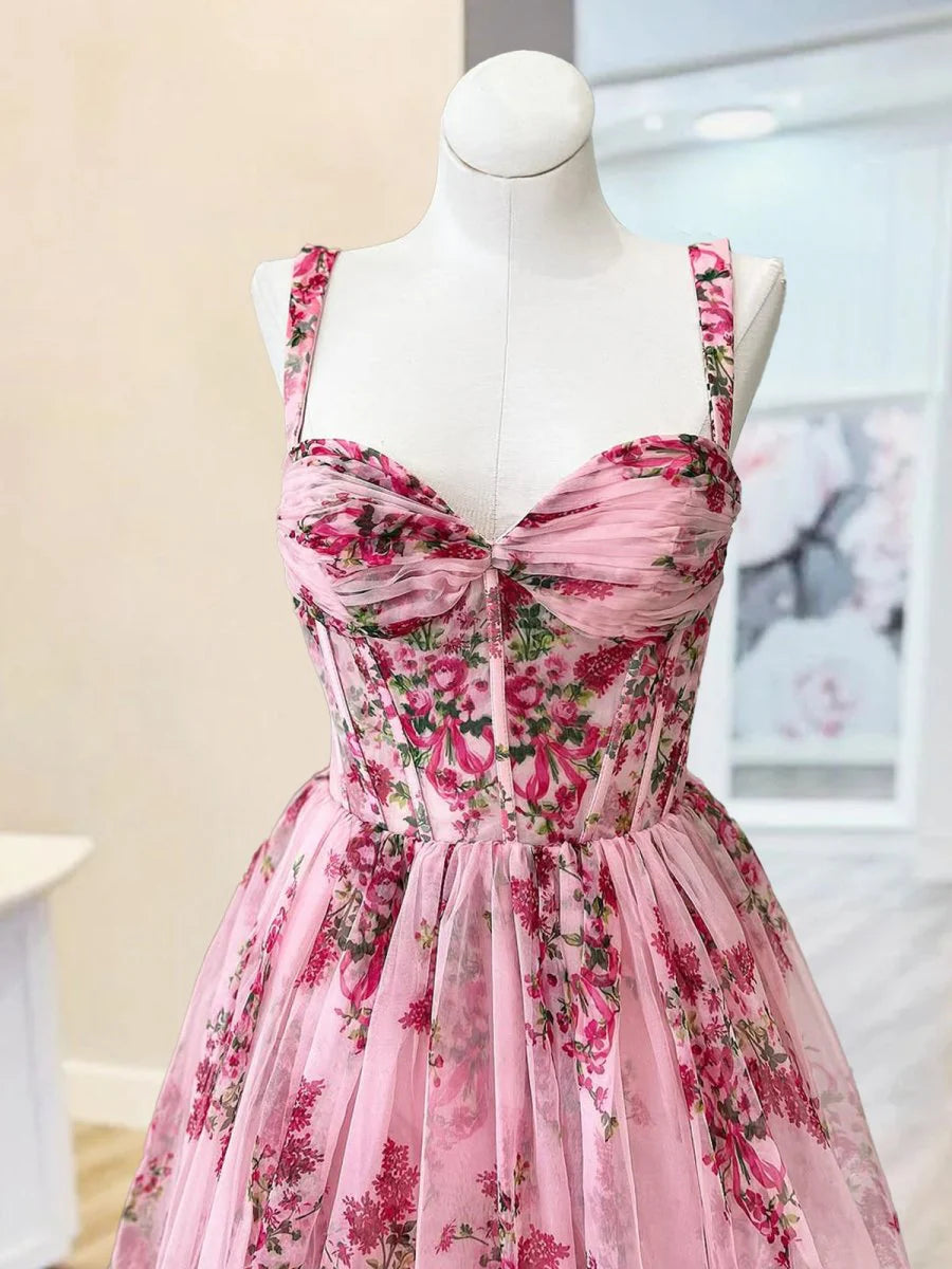 Pink Chiffon Floral Printed Sweetheart Collar BodyCon Corset A Line Long Prom Dress With Bow
