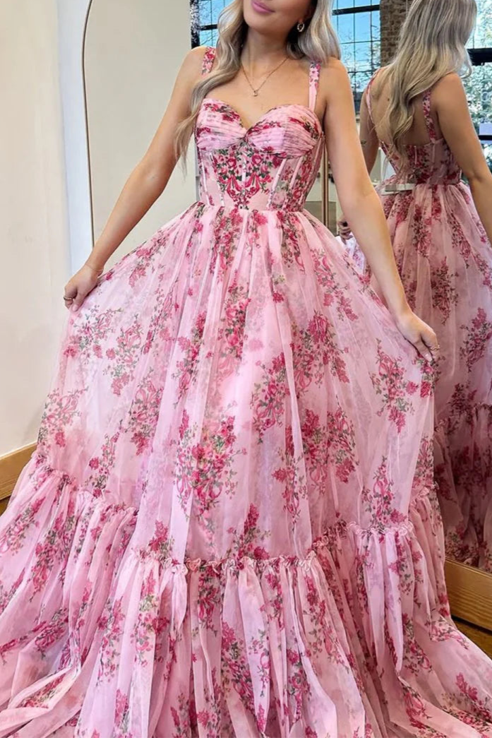 Pink Chiffon Floral Printed Sweetheart Collar BodyCon Corset A Line Long Prom Dress With Bow