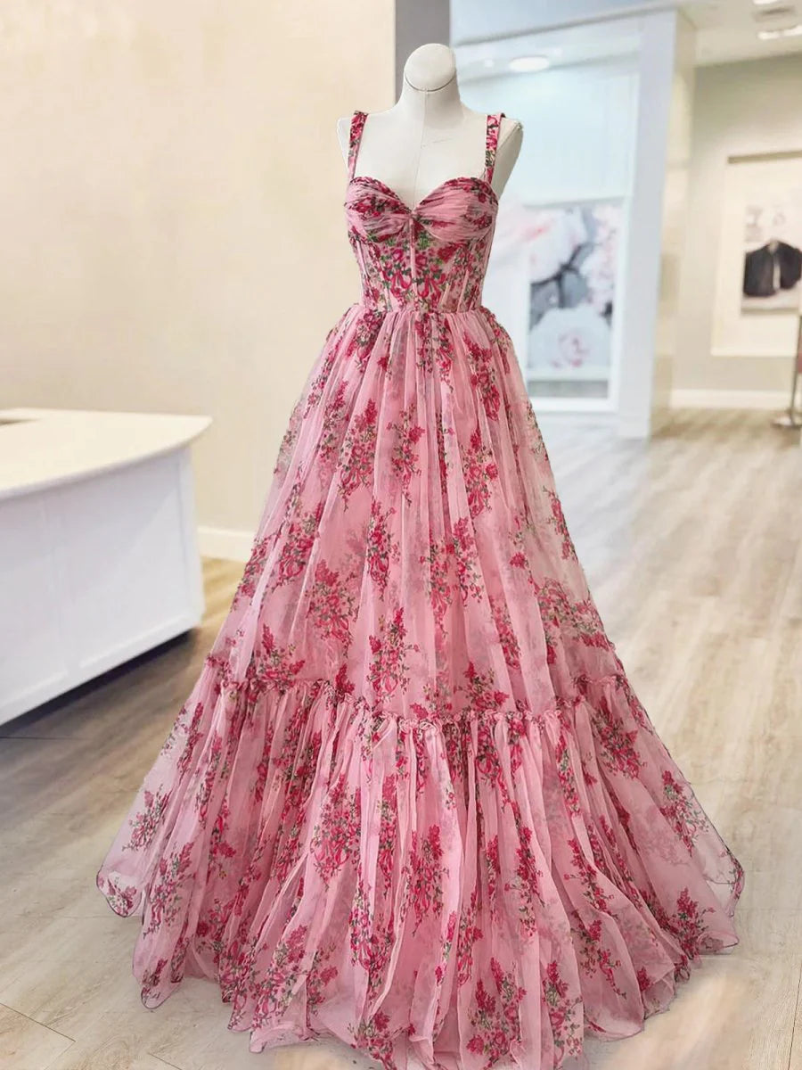 Pink Chiffon Floral Printed Sweetheart Collar BodyCon Corset A Line Long Prom Dress With Bow