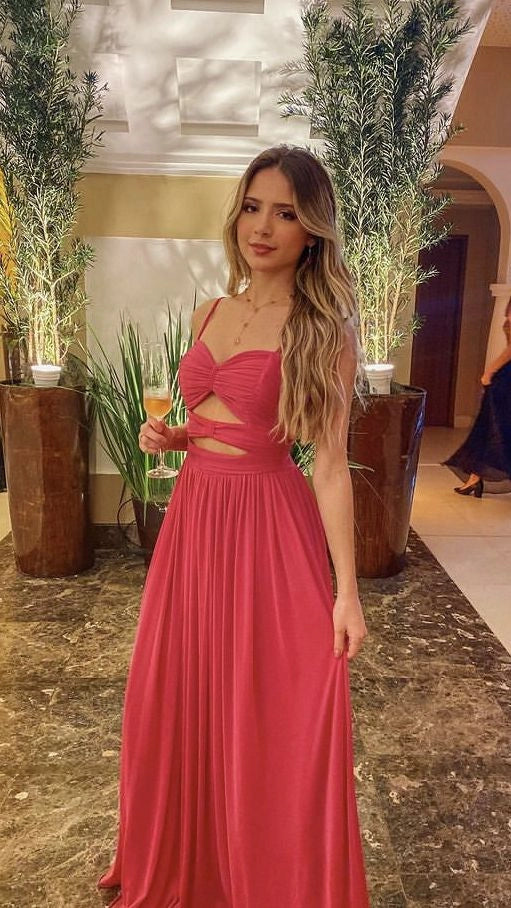 Pink Chiffon Spaghetti Straps Cut Out A line Long Prom Dresses Casual Pink Party Dresses Birthday Outfits