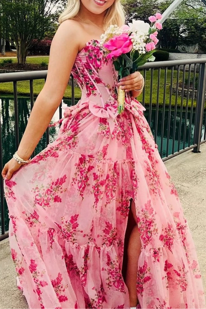 Pink Chiffon Strapless A Line Floral Tiered BodyCon Corset Slit Long Prom Dress With Bow