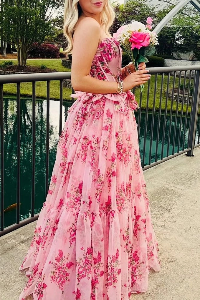 Pink Chiffon Strapless A Line Floral Tiered BodyCon Corset Slit Long Prom Dress With Bow