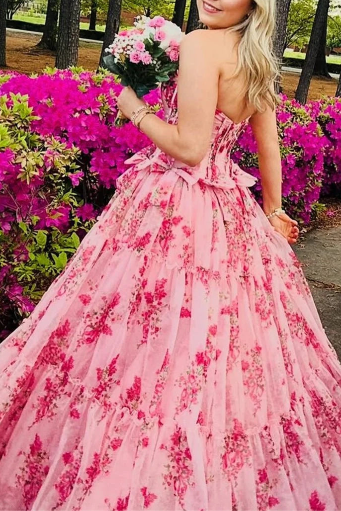 Pink Chiffon Strapless A Line Floral Tiered BodyCon Corset Slit Long Prom Dress With Bow
