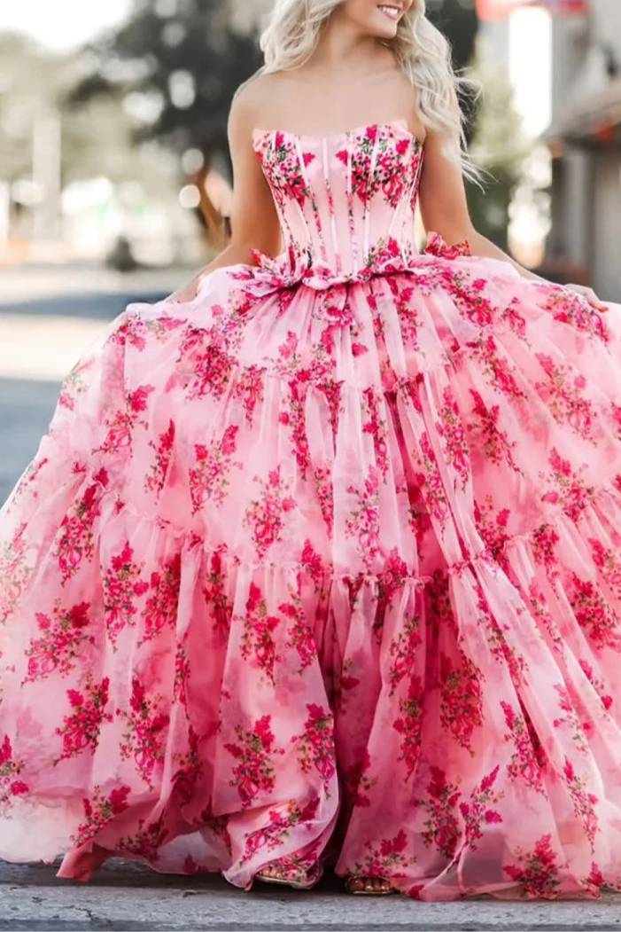 Pink Chiffon Strapless A Line Floral Tiered BodyCon Corset Slit Long Prom Dress With Bow