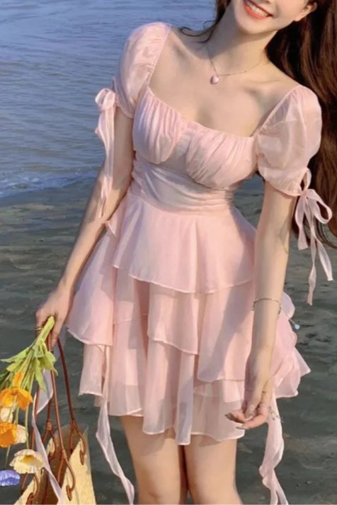 Pink Chiffon Tiered Square Neck Short Sleeves A Line Short Birthday Party Dress Homecoming Dress