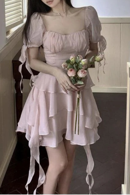 Pink Chiffon Tiered Square Neck Short Sleeves A Line Short Birthday Party Dress Homecoming Dress