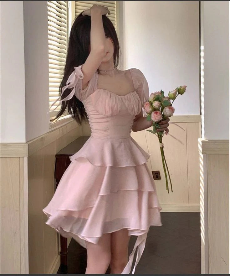 Pink Chiffon Tiered Square Neck Short Sleeves A Line Short Birthday Party Dress Homecoming Dress