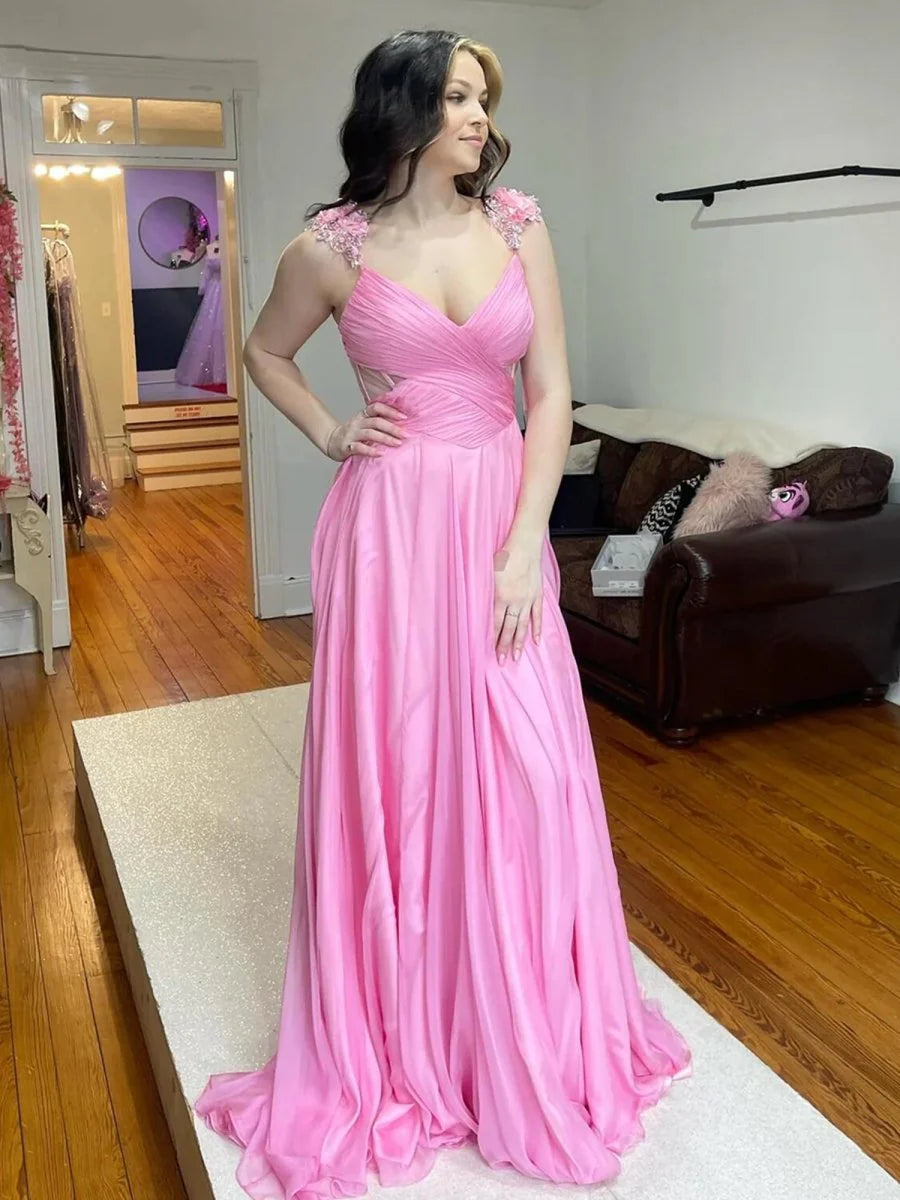 Pink Chiffon V-Neck Pleated A-line Flowers Long Prom Dress Discount Chiffon Party Dresses