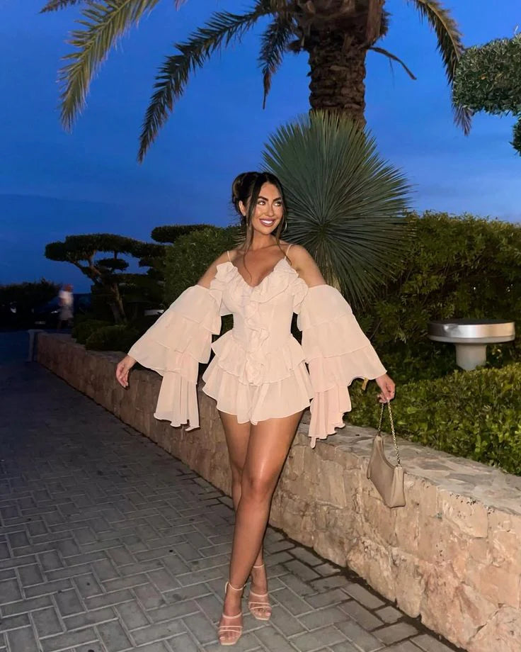 Pink Chiffon V Neck Spaghetti Straps Ruffle Short Prom Dress Cocktail Dresses Short Party Dress