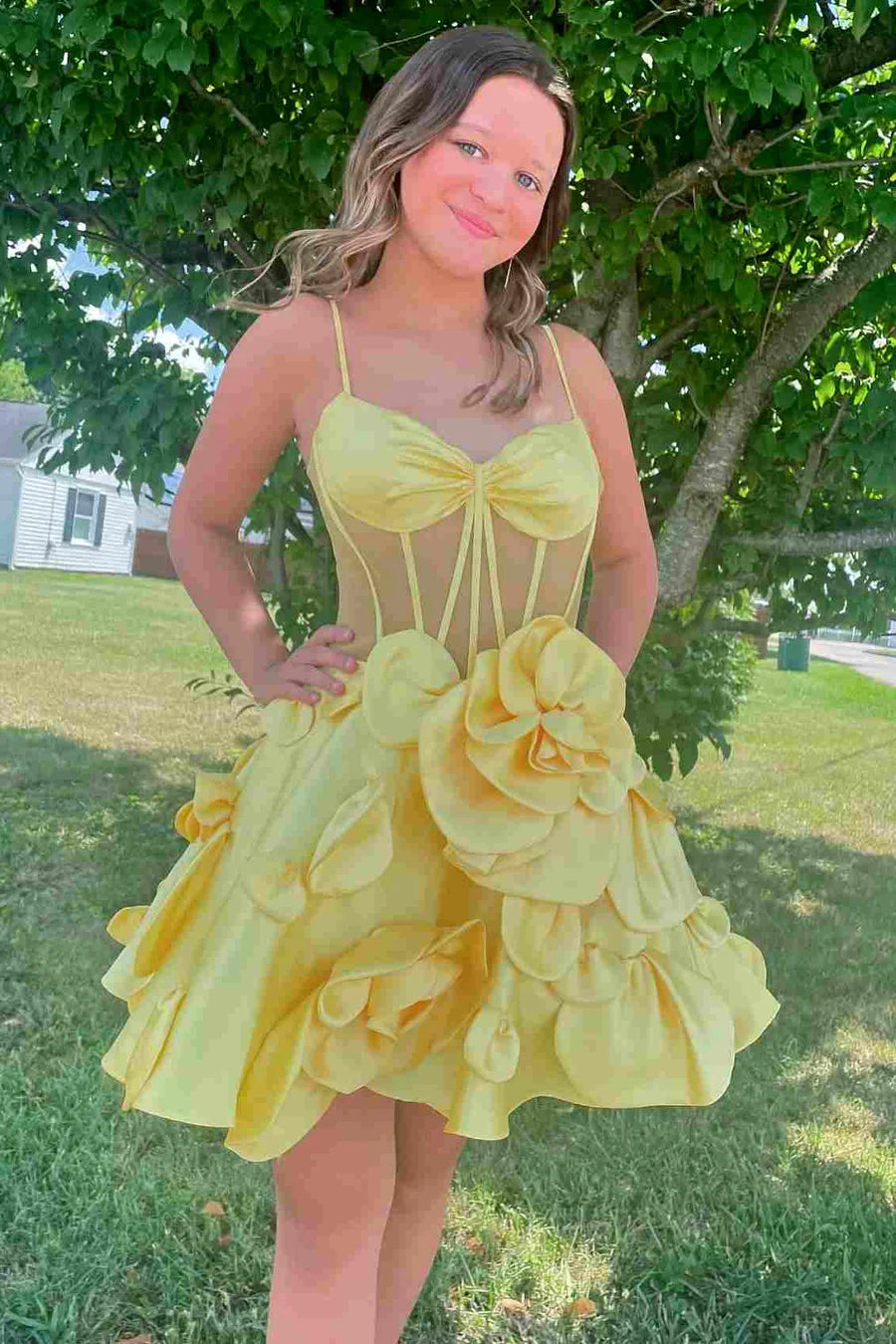 Light Blue Cutout Spaghetti Straps A-Line Homecoming Dress with 3D Floral