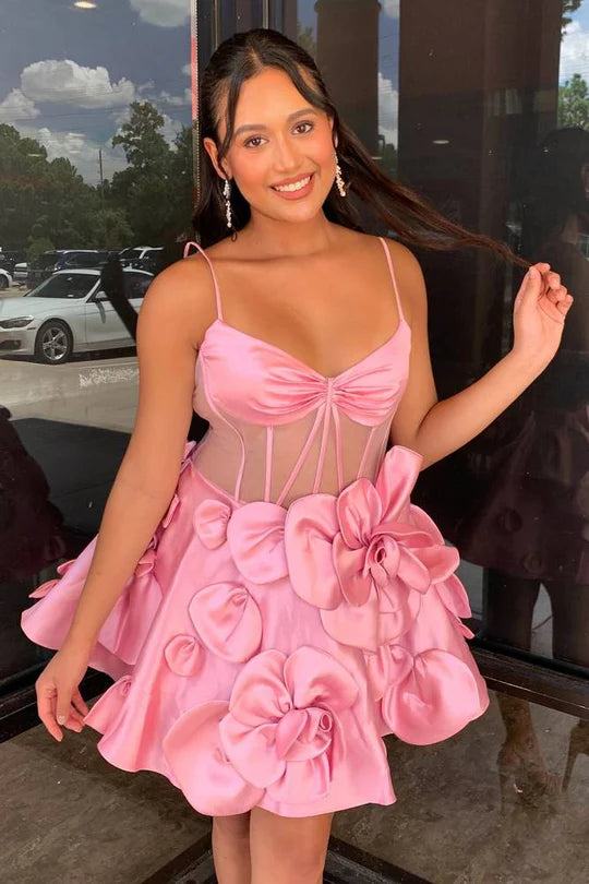 Light Blue Cutout Spaghetti Straps A-Line Homecoming Dress with 3D Floral