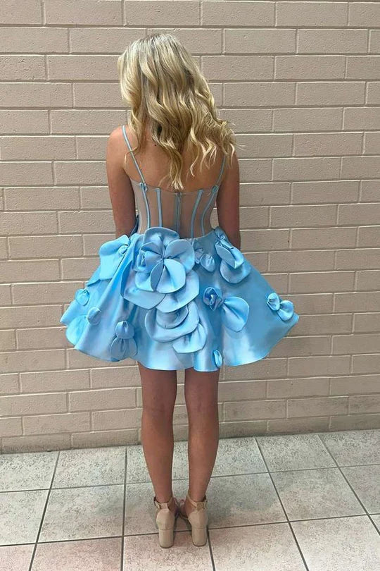 Light Blue Cutout Spaghetti Straps A-Line Homecoming Dress with 3D Floral
