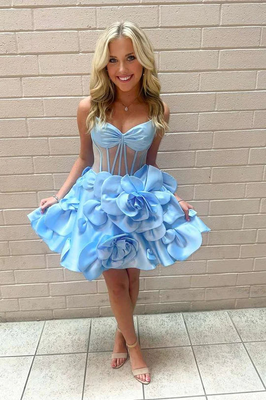 Light Blue Cutout Spaghetti Straps A-Line Homecoming Dress with 3D Floral