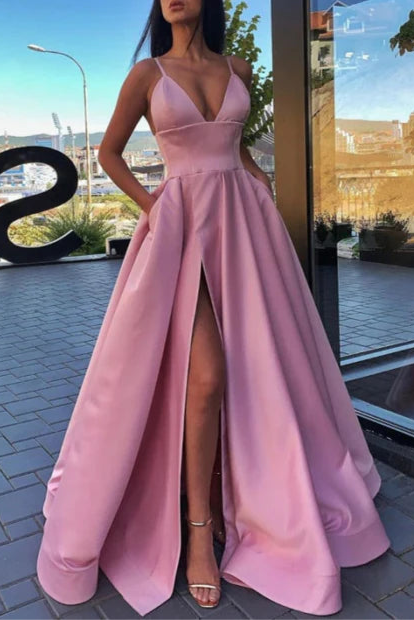 Pink Deep V Neck Spaghetti Strap Prom Dress With High Split Affordable Party Dresses For Ladies